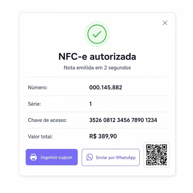 Tela do PDV Awise exibindo NFC-e autorizada, com cupom fiscal emitido automaticamente