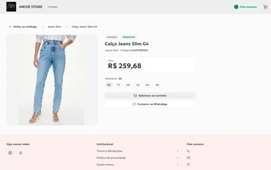 Tela de produto do catálogo Awise com foto, escolha de tamanho e botão de compra no WhatsApp