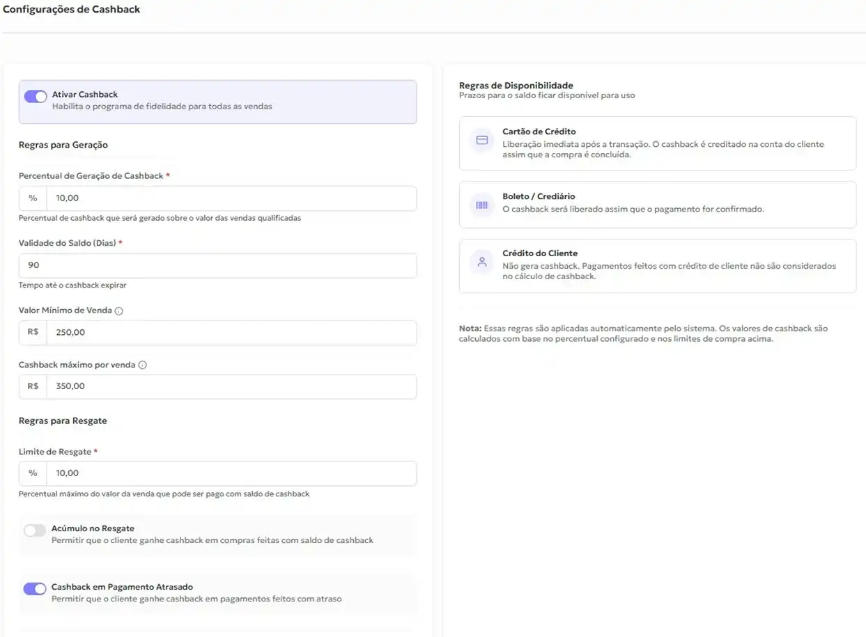 Configurações de Cashback da Awise