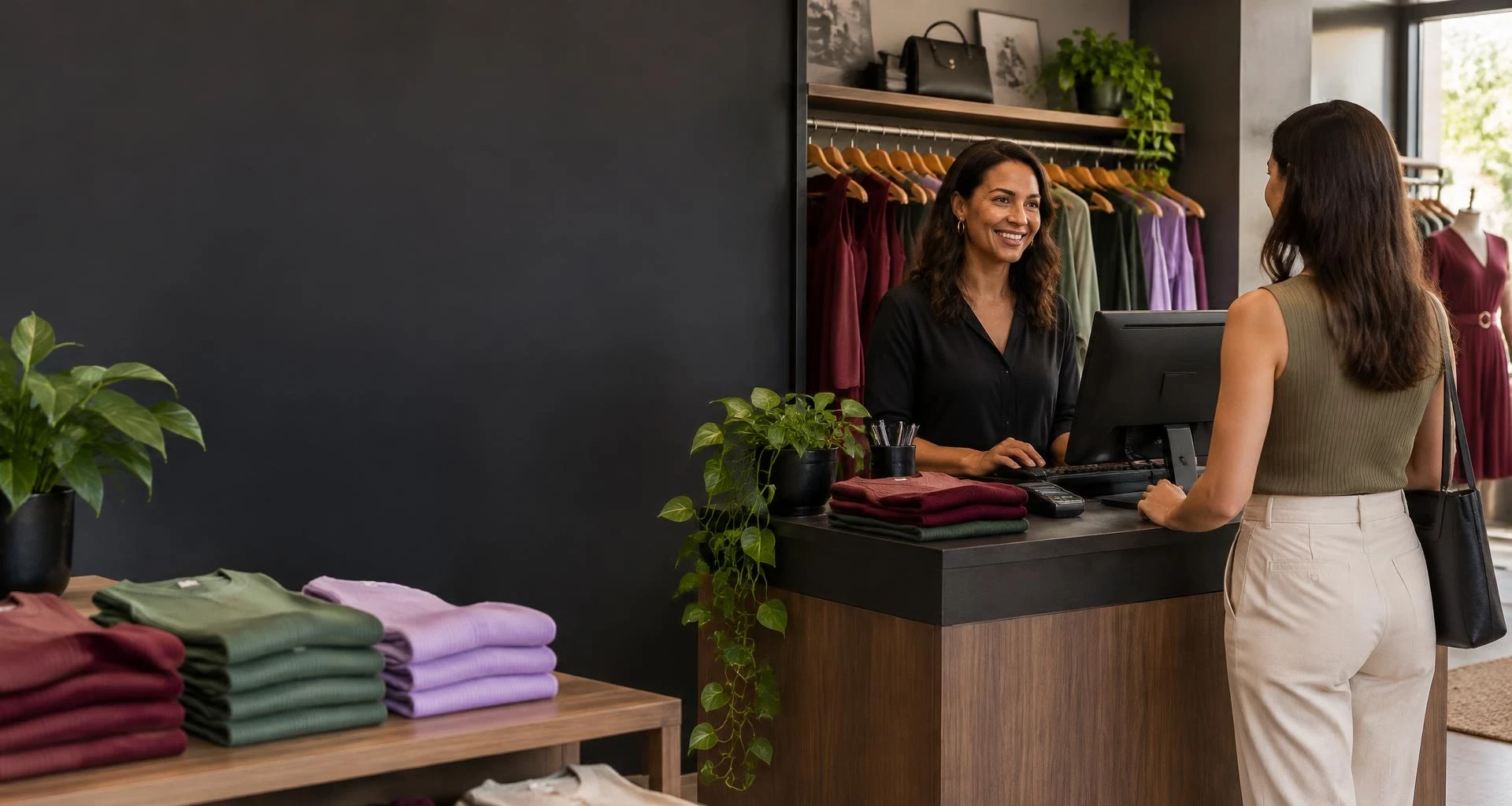 Lojista atendendo uma cliente em uma loja de moda organizada