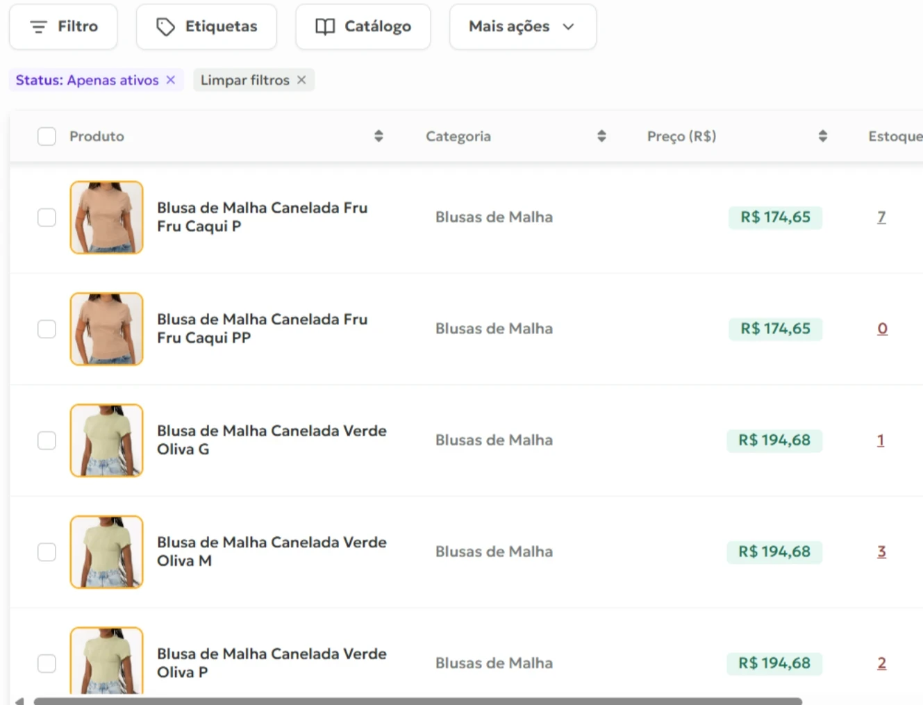 Tela do sistema AWISE: lista de produtos, cores, tamanhos, preços e quantidades