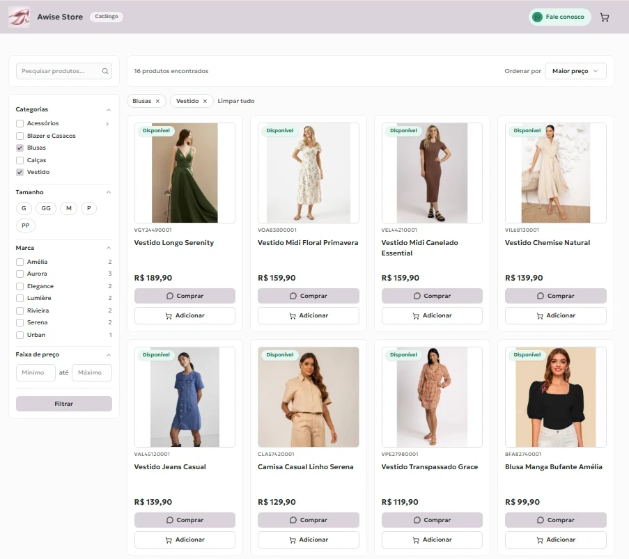 Catálogo Digital AWISE com os produtos cadastrados no estoque