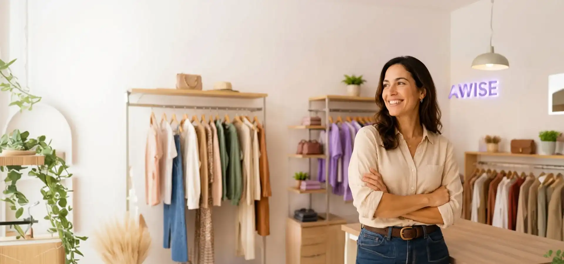Lojista sorrindo em sua loja de moda com placa AWISE ao fundo