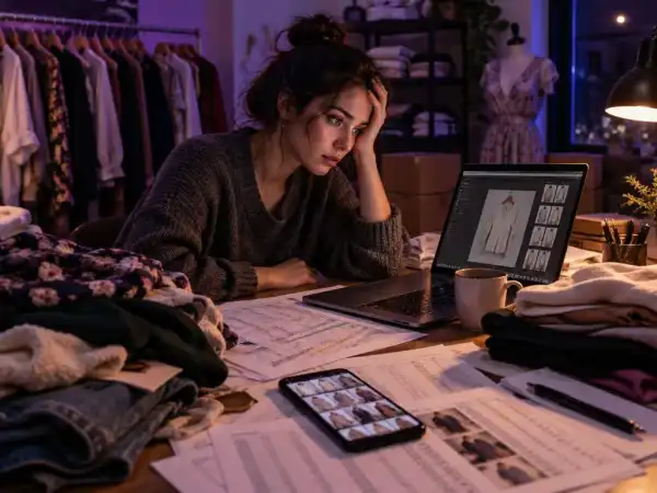 Lojista exausta editando fotos de produtos de madrugada