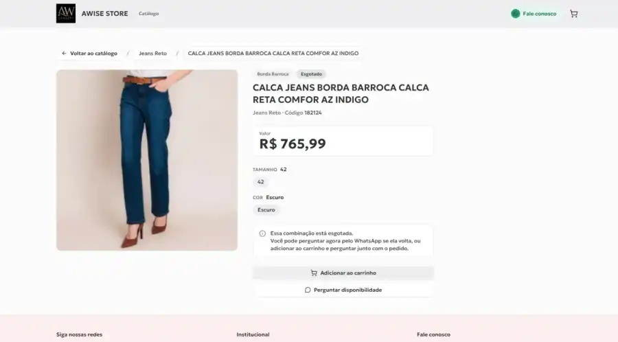 Tela de produto esgotado no catálogo Awise com botão para perguntar a disponibilidade no WhatsApp